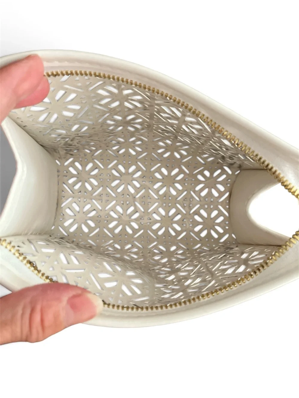 Tory Burch Ivory Laser-Cut Leather Makeup Pouch